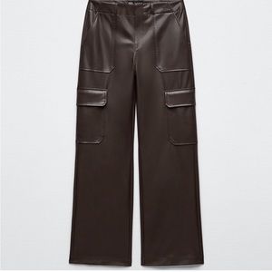 ZARA Dark Brown High Waisted Faux Leather Cargo Trousers